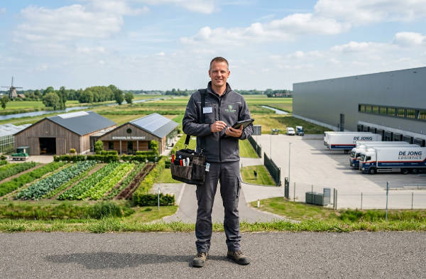 bedrijfs landbouw en logistiek rattenbestrijder op weg met tablet voor laadperron en landbouw schuur